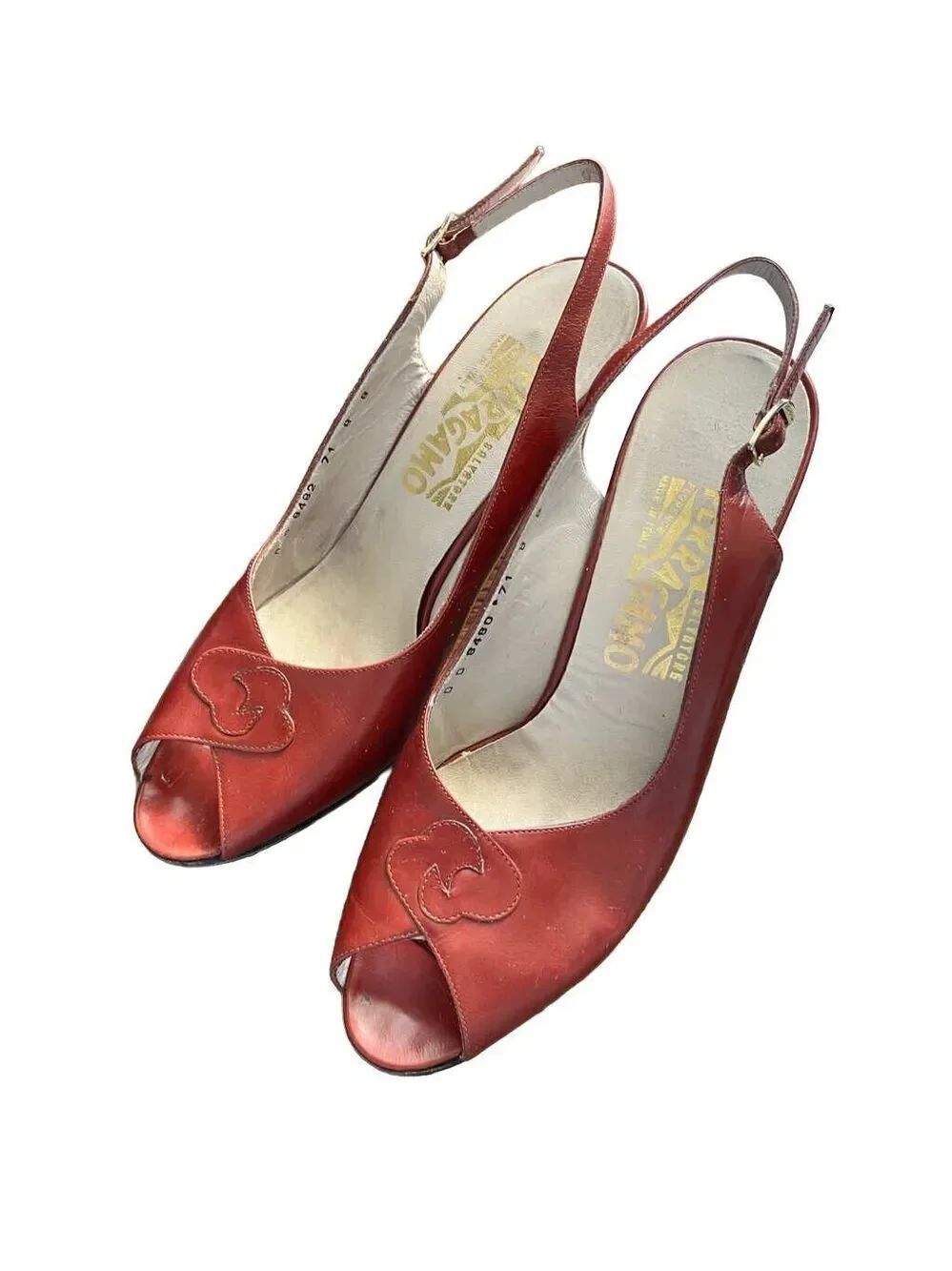 FERRAGAMO Vintage Rust Leather Slingback Peep Toe Heels Womens Size 7.5/8